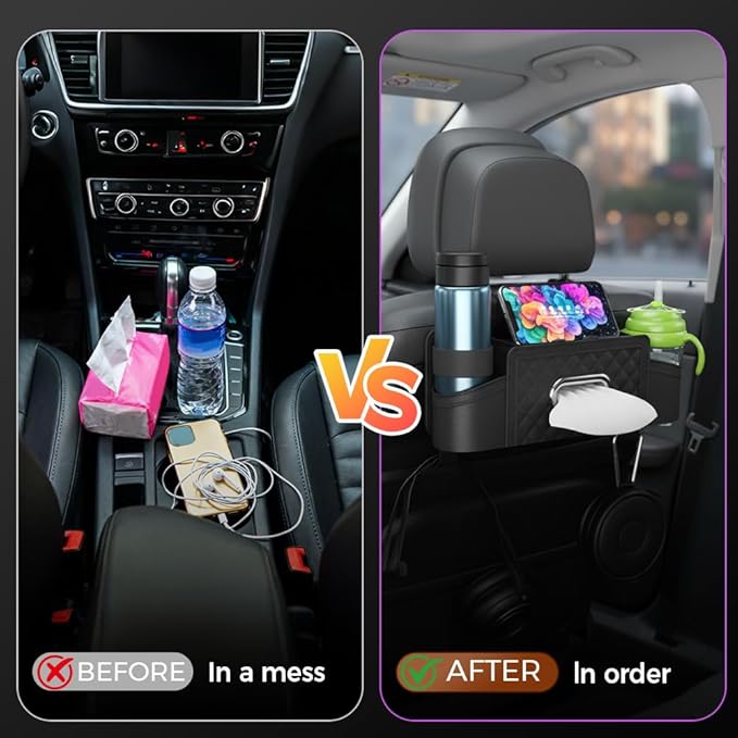 3-in-1 Car Backseat Organizer with Cup Holder Tissue Box and Hooks, Multifunctional Car Seat Back Storage Box, Car Headrest Backseat Organizer for Travel SUV Sedan Truck Car Accessories (Orange)