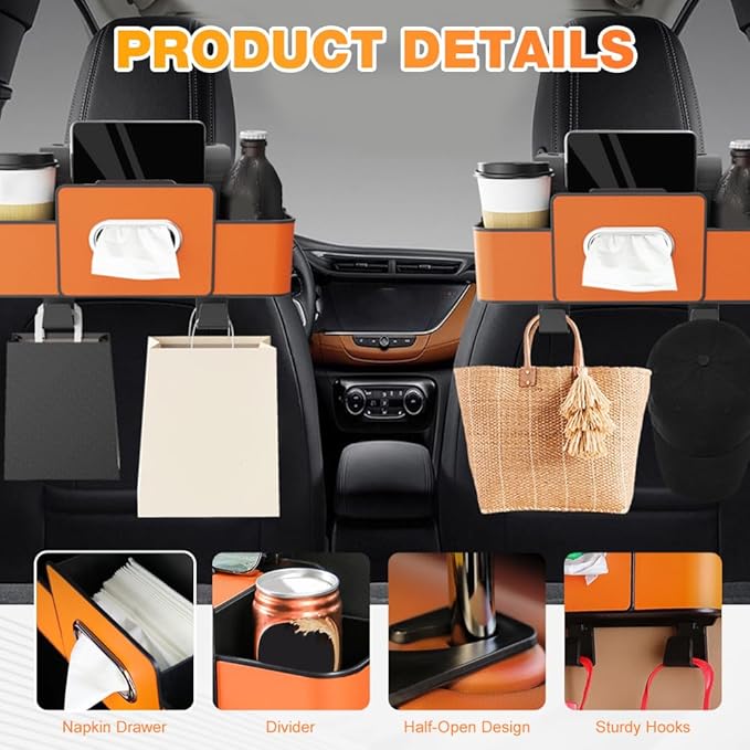 Back Seat Car Organizer,3 in 1 Car Backseat Storage Box with Cup Holder,Tissue Box,Trash Bin&Hooks,Multifunctional Waterproof Storage for Hold Phones Snacks Drinks Handbags (1, Black)