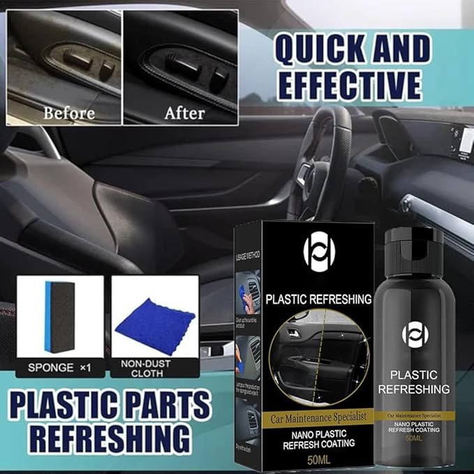 RJDJ Plastic Restorer for Cars, Trim & Exterior – Plastic Revitalizing Coating Agent, Restores Faded Plastic, UV Protection, Car Shine Refurbishing Solution (50ml-5pcs)