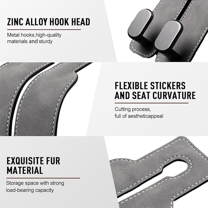 Car Seat Back Storage Hook, 2026 New Two Hook Fur Leather Seat Back Headrest Hanger Genuine Leather Double Metal Hook for Backseat Organizer, Car Organization Accessories (4, Gray)