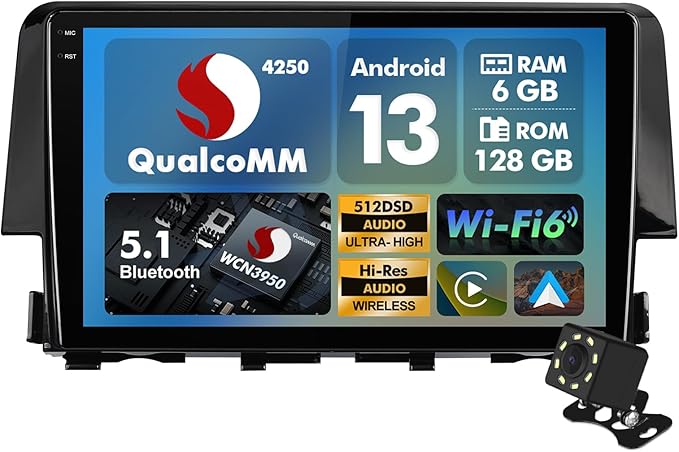 8 Core 6+128 GB Music Host with Qualcomm Android 13 Double Din Octa Core Car Stereo for Honda Civic 2016-2020 with 9 Inch Touchscreen Radio Built-in ST7850 AMP FM/AM/RDS Wireless CarPlay/Android Auto