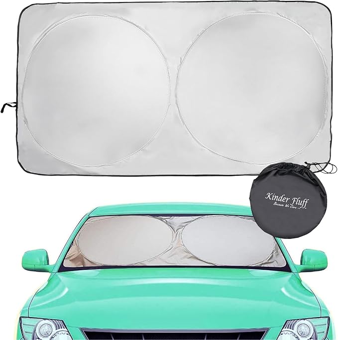 Windshield Sun Shade - Certified 99.87% UVB & 99.02% UVA Protection Car Sun Shade. Award Winning Sunshade for Car Windshield with Patented Technology. Size L 63"x35" Car Window Shades by Kinder Fluff