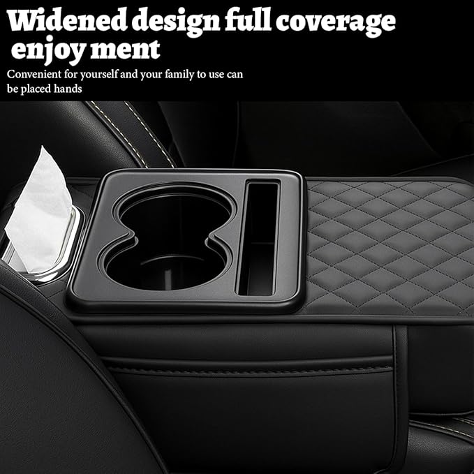 Car Center Console Cover, Memory Foam Nappa Leather Vehicle Armrest Cushion with Tissue Box, 2 Storage Bag & Holder, Automotive Arm Rest Protector Accessories, Universal Fit (Black)