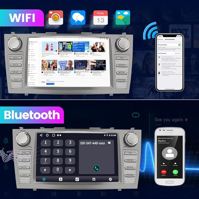 Car Radio Andriod 13 for Toyota Camry 2007-2011, 9 inch Touch Screen 2GB+32GB Head Unit with Wireless CarPlay Android auto Bluetooth WiFi SWC GPS Reverse Camera