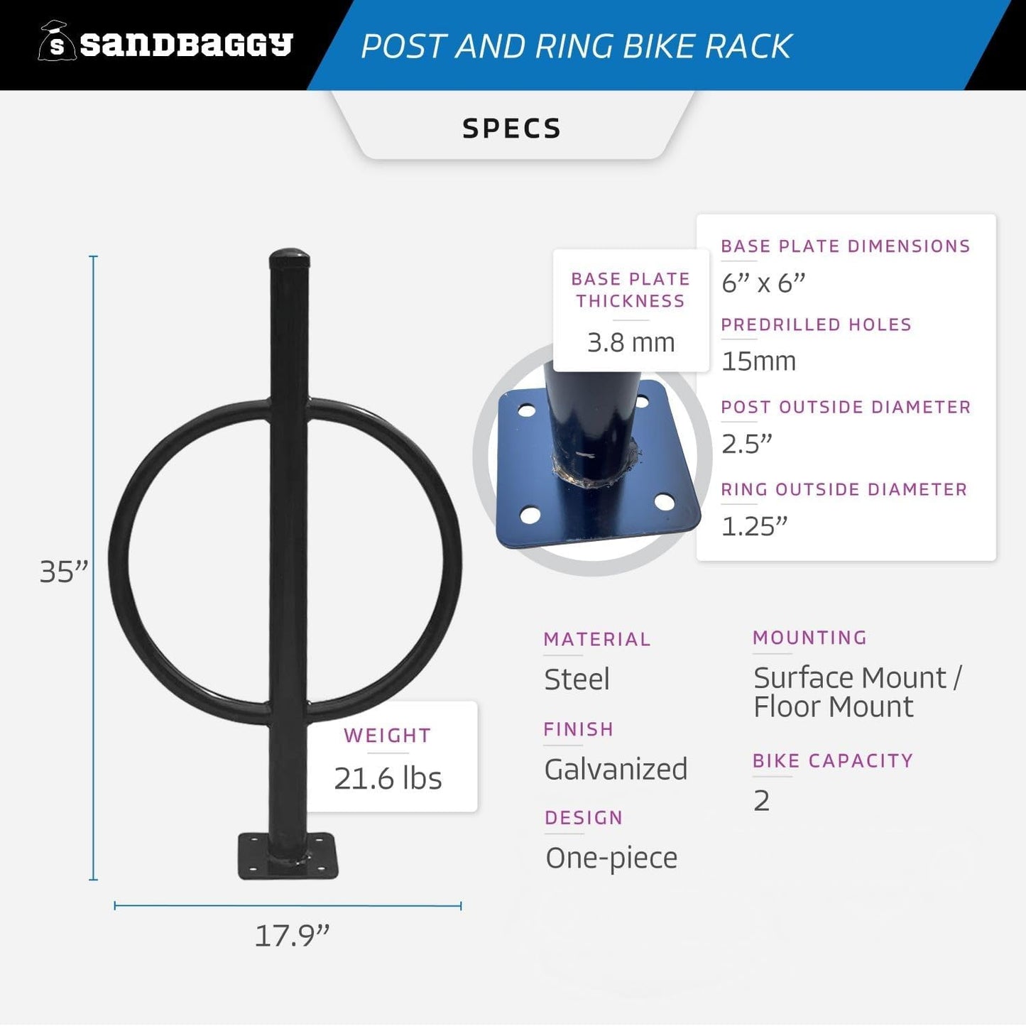 Sandbaggy Post and Ring Bike Rack - Commercial Bike Racks - Galvanized Steel - Anti-Theft Design - In Ground, Apartments, Sidewalks, Industrial (White, 2)