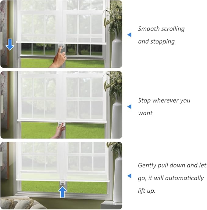 LUCKUP Light Filtering Roller Shades for Windows, Cordless Semi Sheer Solar Blinds with 5% Openness Free-Stop Window Shades for Home & Office, White 34" W x 72" L