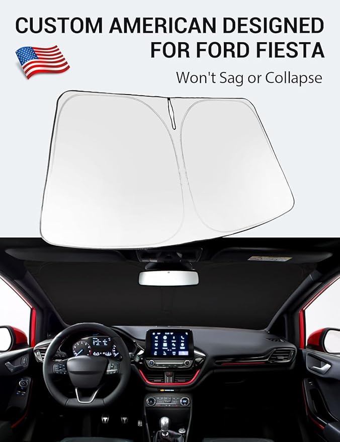 Proadsy 2026 Upgrade Windshield Sun Shade Custom Fit 2017-2019 Ford Fiesta Foldable Front Sunshade Protector Sun Visor Blocks UV Rays Keep Car Cooler