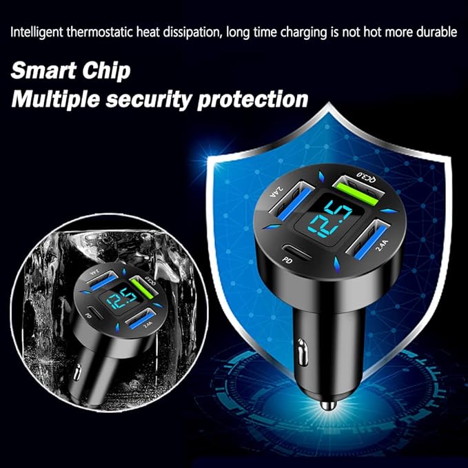 Car Charger 66W Super Fast Charging with USB C&QC 3.0(Voltmeter&LED Lights) Universal Quick Charge for 12-24V Car Cigarette Lighter Plug,Compatible with iPhone 14 13,S22,iPad(2Pcs-Black-QC/PD/2.4A)