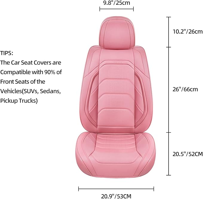 Pink Car Seat Covers Front Pair, Breathable Leather Automotive Front Seat Covers & Headrest for Comfortable Driving, Universal Auto Interior Fit for Most Kinds of Vehicles