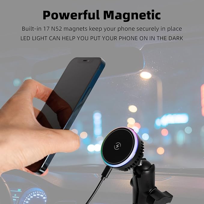 15W Magnetic Wireless Charging Phone Holder Base for RAM Mounts - TEC and Fan Dual Cooling - 1" (25mm) Ball Mount with Short Aluminum Arm, Compatible with Magsafe iPhone 17/16/15/14/13/12 Series
