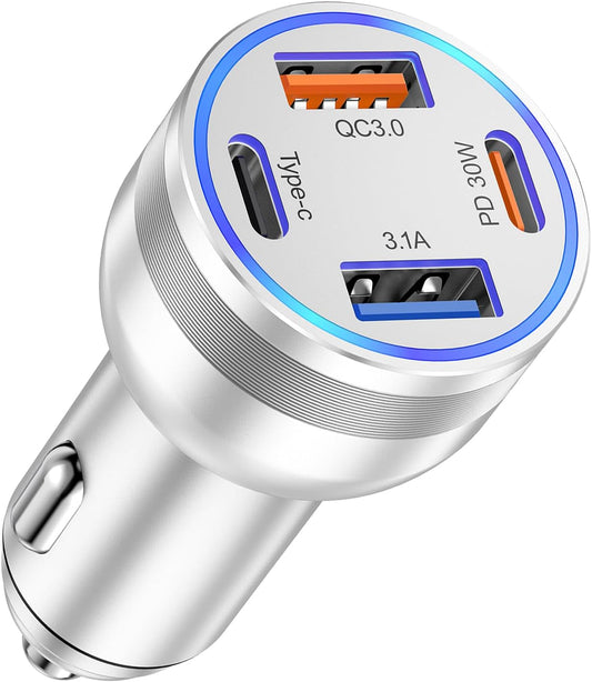 USB C Fast Car Charger, 65W 4-Port Dual USB-C & USB-A Multiport Car Phone Charger Adapter,Fast Charging Cigarette Lighter Adapter Truck Car Accessories for iPhone 16/16e/15 Pro Max,Samsung,iPad,Pixel