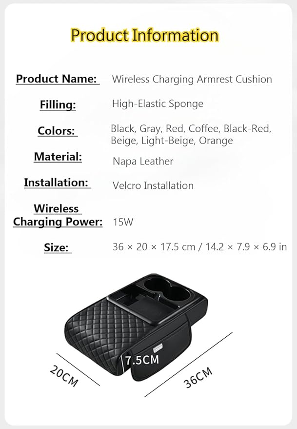 Car Armrest Pad with Built-in Induction Charging, Leather Center Console Cushion with 15W Power Pad, Dual Cup Holders, Storage Pockets - Orange