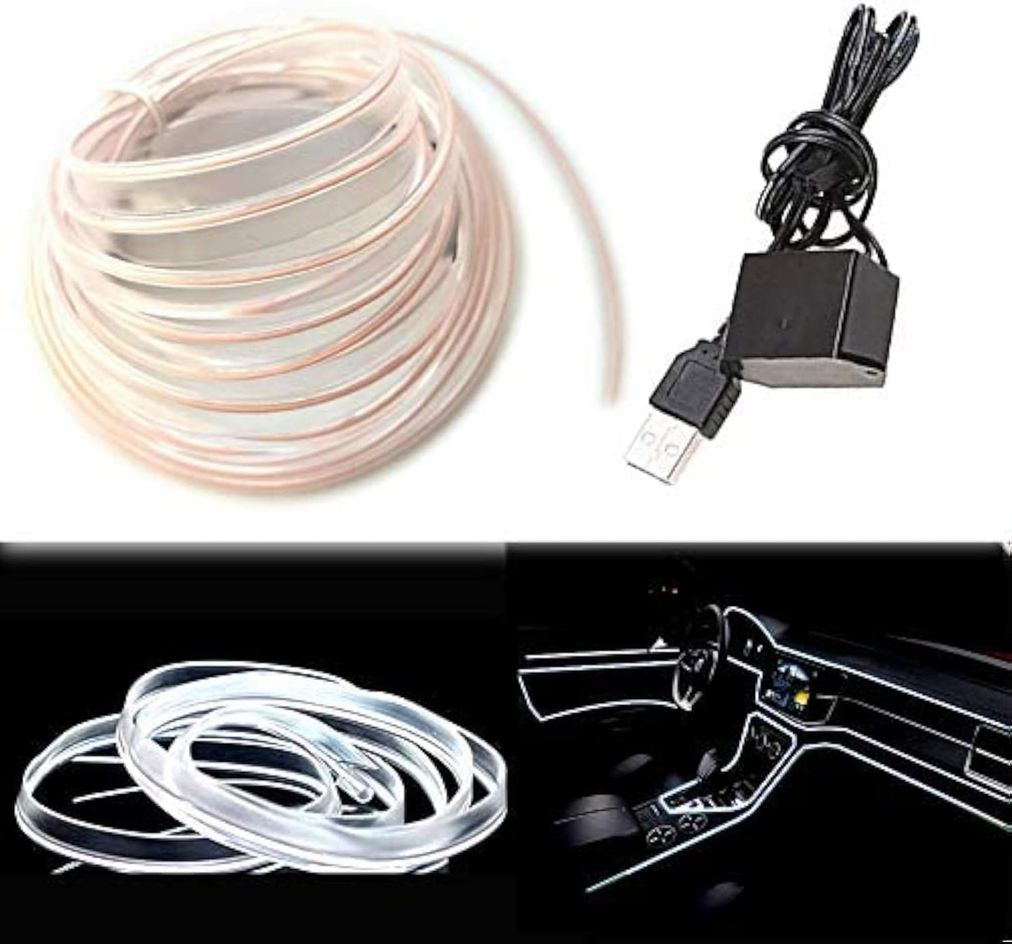 El Wire White Interior Car LED Strip Lights, 5M Neon Wire USB 5V with Fuse Protection for Automotive Interior Decoration, with 6mm Sewing Edge