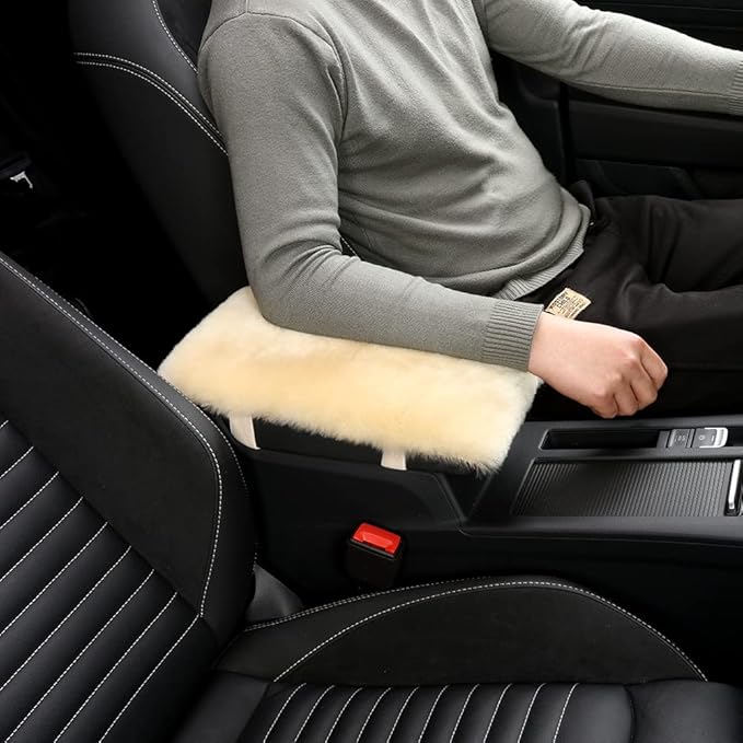Sheepskin Armrest Cover Auto Center Armrest Cover Car Soft Console Pad, Fluffy Wool Auto Center Console Cover for Most Car Arm Rest Decoration Protector 7 x 13 Inch (Shearling, Black)