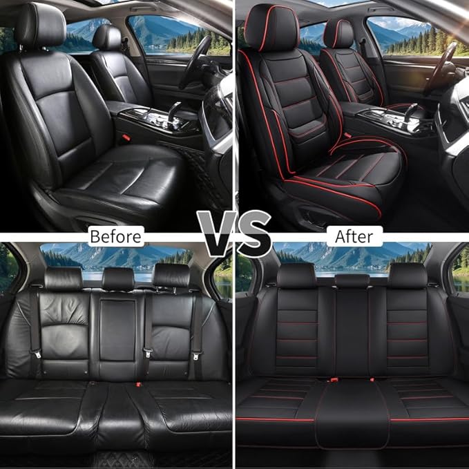 Car Seat Covers Custom Fit for Chevrolet/Chevy Captiva 2006-2018 , Premium Faux Leather Waterproof Car Seat Protectors with Lumbar Support, Breathable Anti-Slip Easy to install(Black&Red,Full set)