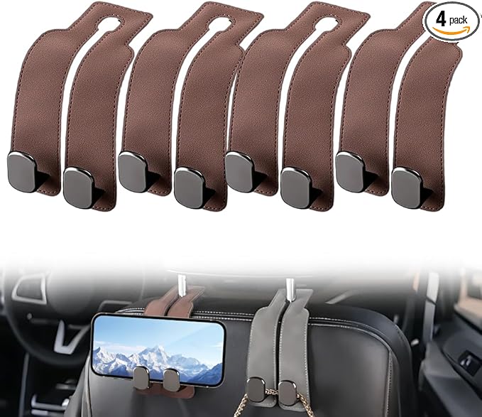 Car Seat Back Storage Hook, 2026 New Two Hook Fur Leather Seat Back Headrest Hanger Genuine Leather Double Metal Hook for Backseat Organizer, Car Organization Accessories (4, Brown)