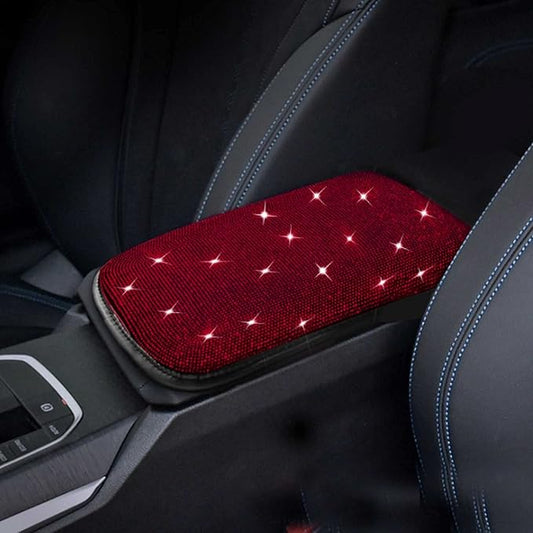 Bling Bling Car Armrest Cover Auto Center Console Protective Cover Luster Crystal Rhinestone Car Arm Rest Cushion Pad Car Interior Accessory (Bling-Red)