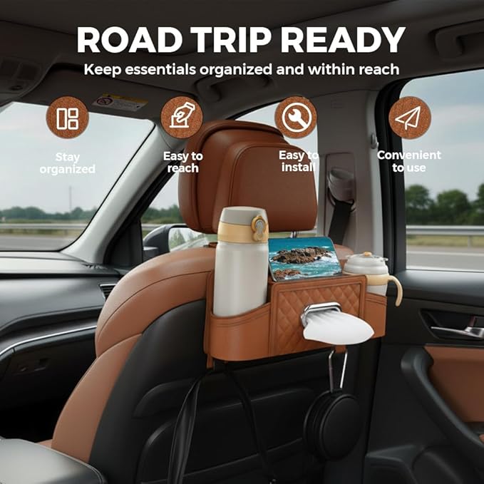 3-in-1 Car Backseat Organizer with Cup Holder Tissue Box and Hooks, Multifunctional Car Seat Back Storage Box, Car Headrest Backseat Organizer for Travel SUV Sedan Truck Car Accessories (Orange)