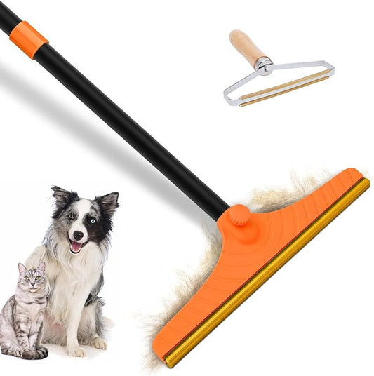 Carpet Rake for Pet Hair Removal - Reusable Pet Hair Remover, 60” Adjustable Long Handle Cat Dog Carpet Rake Scraper, Dog Hair Rake Brush for Rugs, Mats, Couch