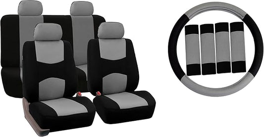 FH Group Car Seat Covers Flat Cloth Automotive Gray Full Set, Rear Solid Bench Universal Fit Combo Steering Wheel Cover & Seat Belt Pads Car Seat Protector for Cars Trucks SUV Interior Accessories