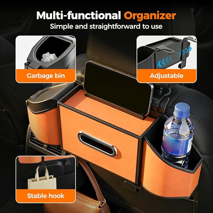 7-in-1 Car Backseat Organizer,Multifunctional Car Organizers and Storage Box with Cup Holder, Tissue Box,Trash Bin,Phone Mount and Hooks,Car Essentials Accessories for Women and Men (Orange)