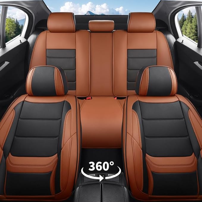 Car Seat Covers Full Set Custom Fit for Buick Century 1997-2005-Luxury Leather with Lumbar Support, Breathable, Waterproof, Anti-Slip, Durable, Easy to Install (BlackBrown,Full Set)