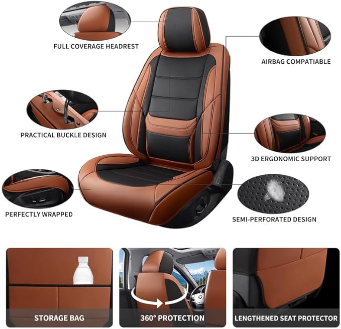 Car Seat Covers Full Set Custom Fit for Ford Explorer2001-2025 2026-Luxury Leather with Lumbar Support, Breathable, Waterproof, Anti-Slip, Durable, Easy to Install (BlackBrown,Full Set)