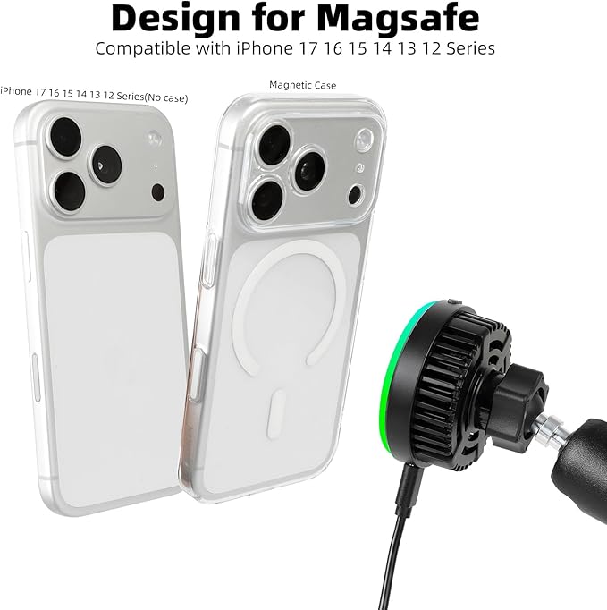 15W Magnetic Wireless Charging Phone Holder Base for RAM Mounts - TEC and Fan Dual Cooling - 1" (25mm) Ball Mount with Short Aluminum Arm, Compatible with Magsafe iPhone 17/16/15/14/13/12 Series