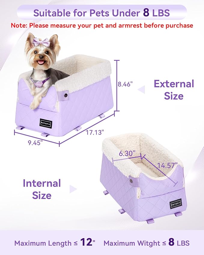 PETSFIT Cat Car Seat with Safe Protection Hooks, Center Console Dog Car Seat with Upgraded Safety Tethers, Washable Cushion, Dog Car Seats for Small Dogs Up to 8 Lbs (Purple)