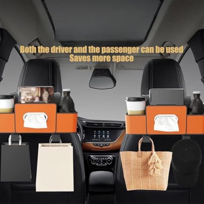 Car Organizers and Storage Box, Multifunctional Car Organizer and Storage Box Back Seat, 3-in-1 Holder Tissue Dispenser, Phone Stand for Snacks, Drinks, Bag Hook, Keep Tidy & Organized (White)