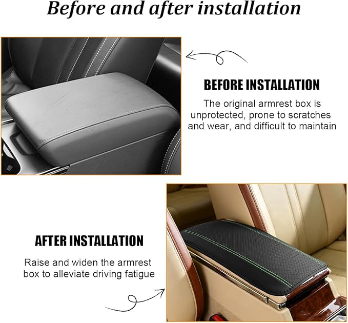 Car Center Console Cover, PU Leather Vehicle Armrest Seat Box Cover Protector, Comfortable Automotive Interior Arm Rest Cushion Pad Accessories, Universal for SUV Sedan Truck (Back/Green)