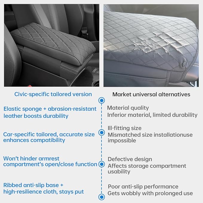 Civic Center Console Cover/Pad Fit 2022 2023 2024 2025 2026,Faux Leather Honda Civic Armrest mat,Posture Improving Support Cushion,Protector Console,Waterproof, Wear-Resistant,Flame-Retardant