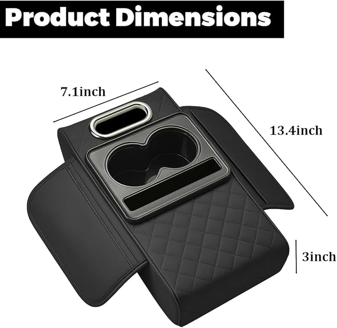 Car Center Console Cover, Memory Foam Nappa Leather Vehicle Armrest Cushion with Tissue Box, 2 Storage Bag & Holder, Automotive Arm Rest Protector Accessories, Universal Fit (Black)