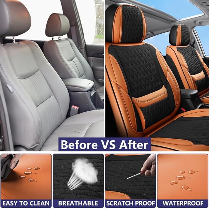 Car Seat Covers Full Set Custom Fit for Ford Taurus 1999-2018 - Premium Faux Leather with Lumbar Support | Breathable, Waterproof, Anti-Slip, Durable (Black&Brown,Full Set)