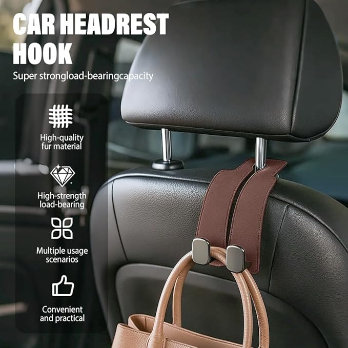 Car Seat Back Storage Hook, 2026 New Two Hook Fur Leather Seat Back Headrest Hanger Genuine Leather Double Metal Hook for Backseat Organizer, Car Organization Accessories (4, Brown)