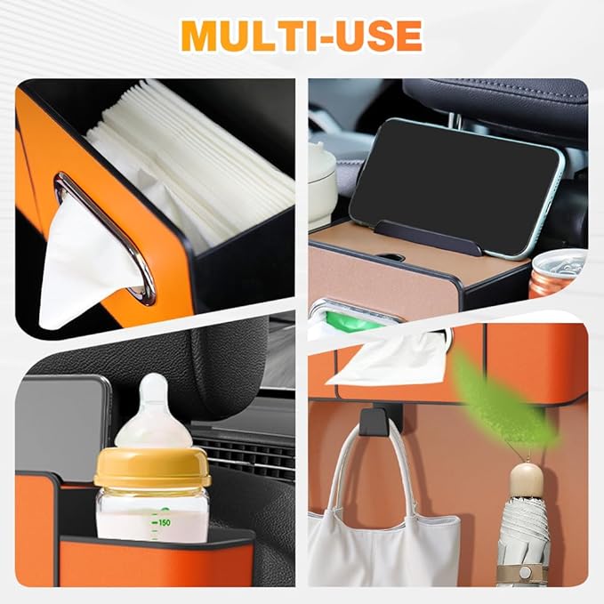 Back Seat Car Organizer,3 in 1 Car Backseat Storage Box with Cup Holder,Tissue Box,Trash Bin&Hooks,Multifunctional Waterproof Storage for Hold Phones Snacks Drinks Handbags (1, Black)