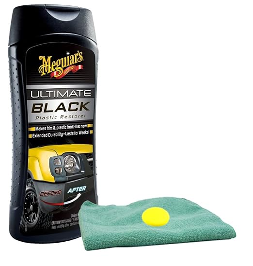 Meguiar's Ultimate Black Plastic Restorer (12 oz) Bundle with Microfiber Cloth & Foam Pad (3 Items)
