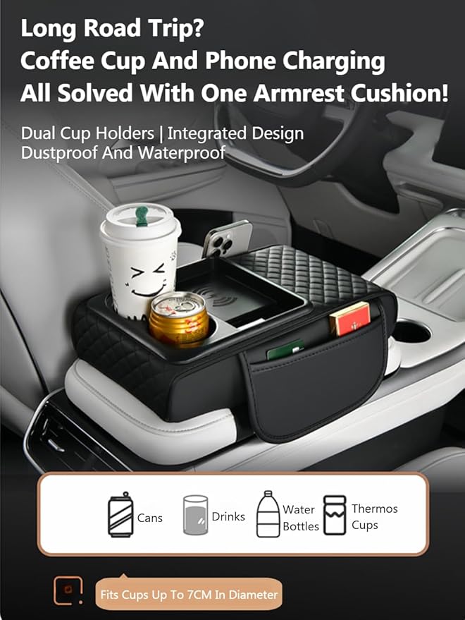 Car Armrest Pad with Built-in Induction Charging, Leather Center Console Cushion with 15W Power Pad, Dual Cup Holders, Storage Pockets - Black