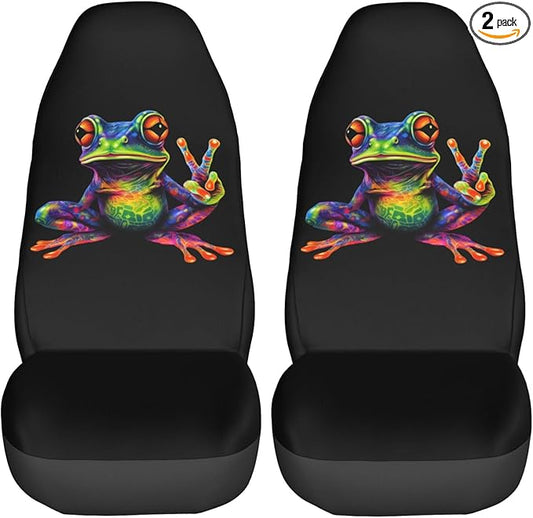 Delerain Car Seat Covers Set 2Pcs, Colorful Peace Frog Universal Front Car Seats Vehicle Enterior Protector Suitable Fits Most Car Auto SUV Sedan Truck