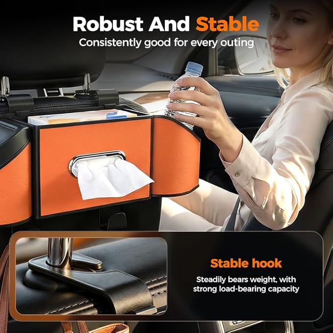 7-in-1 Car Backseat Organizer,Multifunctional Car Organizers and Storage Box with Cup Holder, Tissue Box,Trash Bin,Phone Mount and Hooks,Car Essentials Accessories for Women and Men (Orange)
