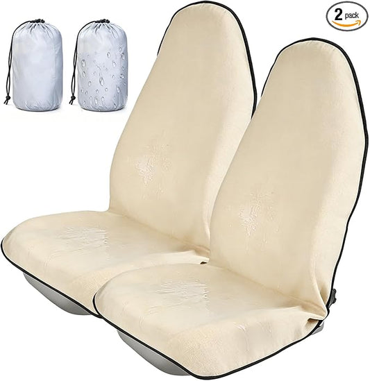 ZIMABLUE 2PC Waterproof Towel Car Seat Covers - 1kg Heavy Duty 3-Layer Microfiber Sweat Protector for Bucket Seats - Non-Slip Machine Washable Universal Fit for Gym, Yoga, Beach, Pets & Outdoors-Beige