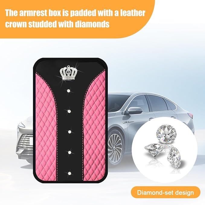 Bling Car Center Console Cover, Crown Crystal Rhinestones Vehicle Armrest Mat Protector, Anti Slip Sparkling Automotive Arm Rest Seat Box Cushion Pad Decor Accessories, Universal Fit (Pink)