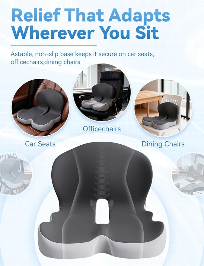 Orthopedic Cushion, Ergonomic Orthopedic Cushion for Tailbone Pain Relief, with Memory Foam, Car Seat Cushion with Waist Support, Non-Slip, Breathable, Washable Cover (Gray)