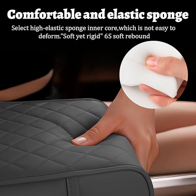 Car Center Console Cover, Memory Foam Nappa Leather Vehicle Armrest Cushion with Tissue Box, 2 Storage Bag & Holder, Automotive Arm Rest Protector Accessories, Universal Fit (Black)