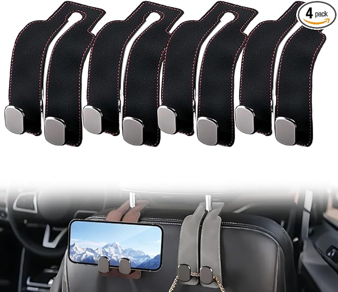 Car Seat Back Storage Hook, 2026 New Two Hook Fur Leather Seat Back Headrest Hanger Genuine Leather Double Metal Hook for Backseat Organizer, Car Organization Accessories (4, Black)