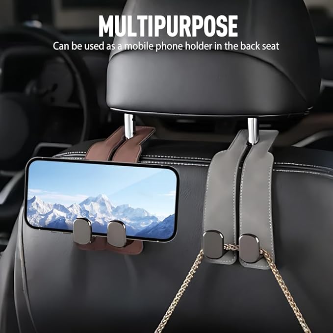 Car Seat Back Storage Hook, 2026 New Two Hook Fur Leather Seat Back Headrest Hanger Genuine Leather Double Metal Hook for Backseat Organizer, Car Organization Accessories (4, Gray)