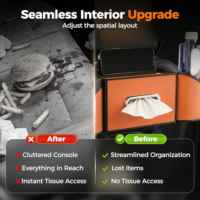 7-in-1 Car Backseat Organizer,Multifunctional Car Organizers and Storage Box with Cup Holder, Tissue Box,Trash Bin,Phone Mount and Hooks,Car Essentials Accessories for Women and Men (Orange)