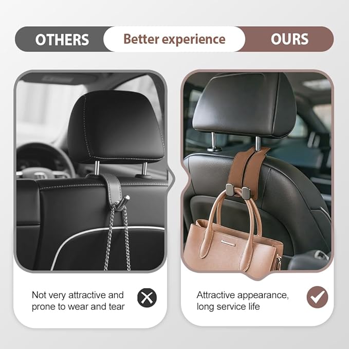 Car Seat Back Storage Hook, 2026 New Two Hook Fur Leather Seat Back Headrest Hanger Genuine Leather Double Metal Hook for Backseat Organizer, Car Organization Accessories (4, Black)