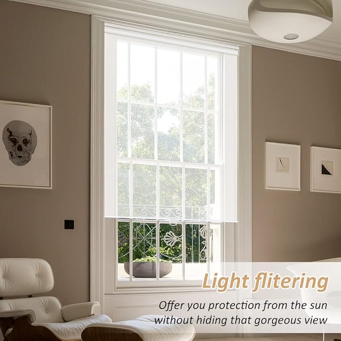 LUCKUP Light Filtering Roller Shades for Windows, Cordless Semi Sheer Solar Blinds with 5% Openness Free-Stop Window Shades for Home & Office, White 32" W x 72" L
