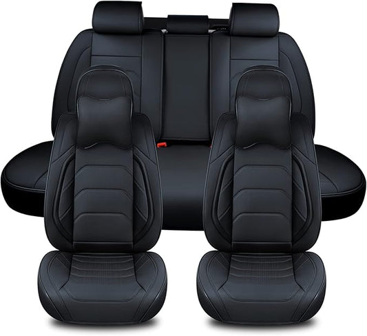 Black Car Seat Covers Full Set, Breathable Leather Automotive Front and Rear Seat Covers & Headrest for Comfortable Driving, Universal Auto Interior Fit for Most Kinds of Vehicles, Cars